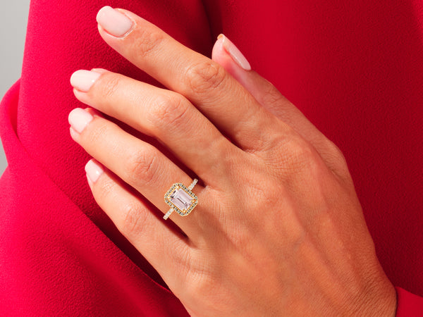 Emerald Cut Peach Morganite Halo Engagement Ring with Sidestones