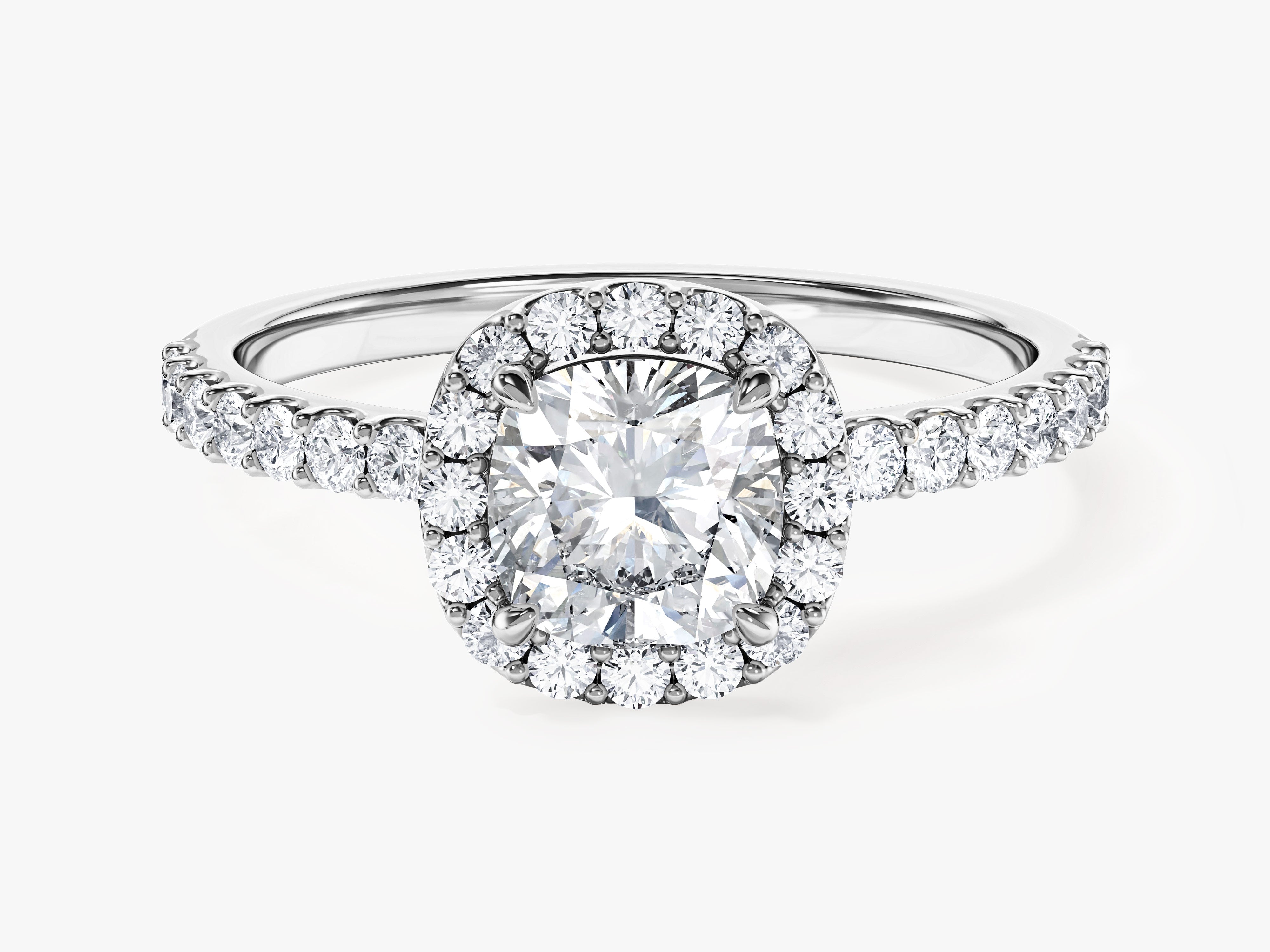 Cushion Halo Moissanite Engagement Ring with Pave Set Side Stones (1.00 CT)