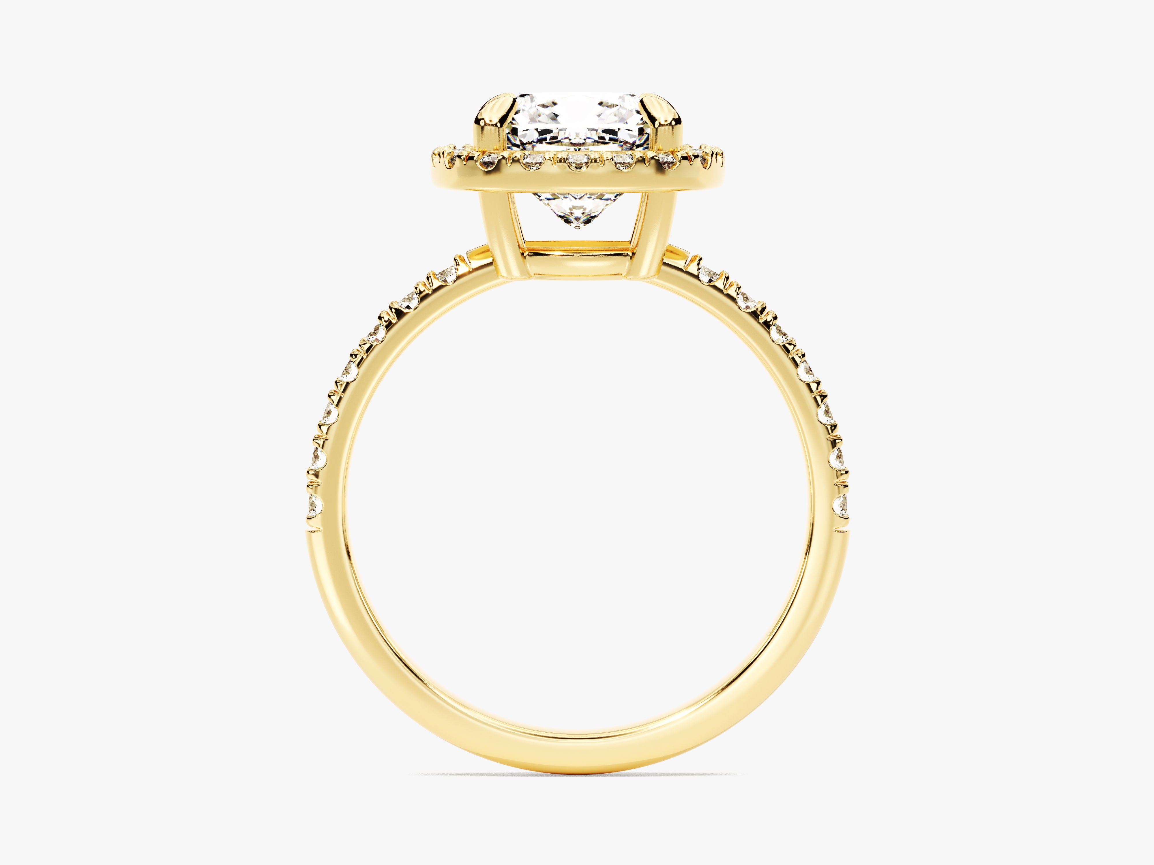 Gold diamond halo engagement ring with cushion cut center stone