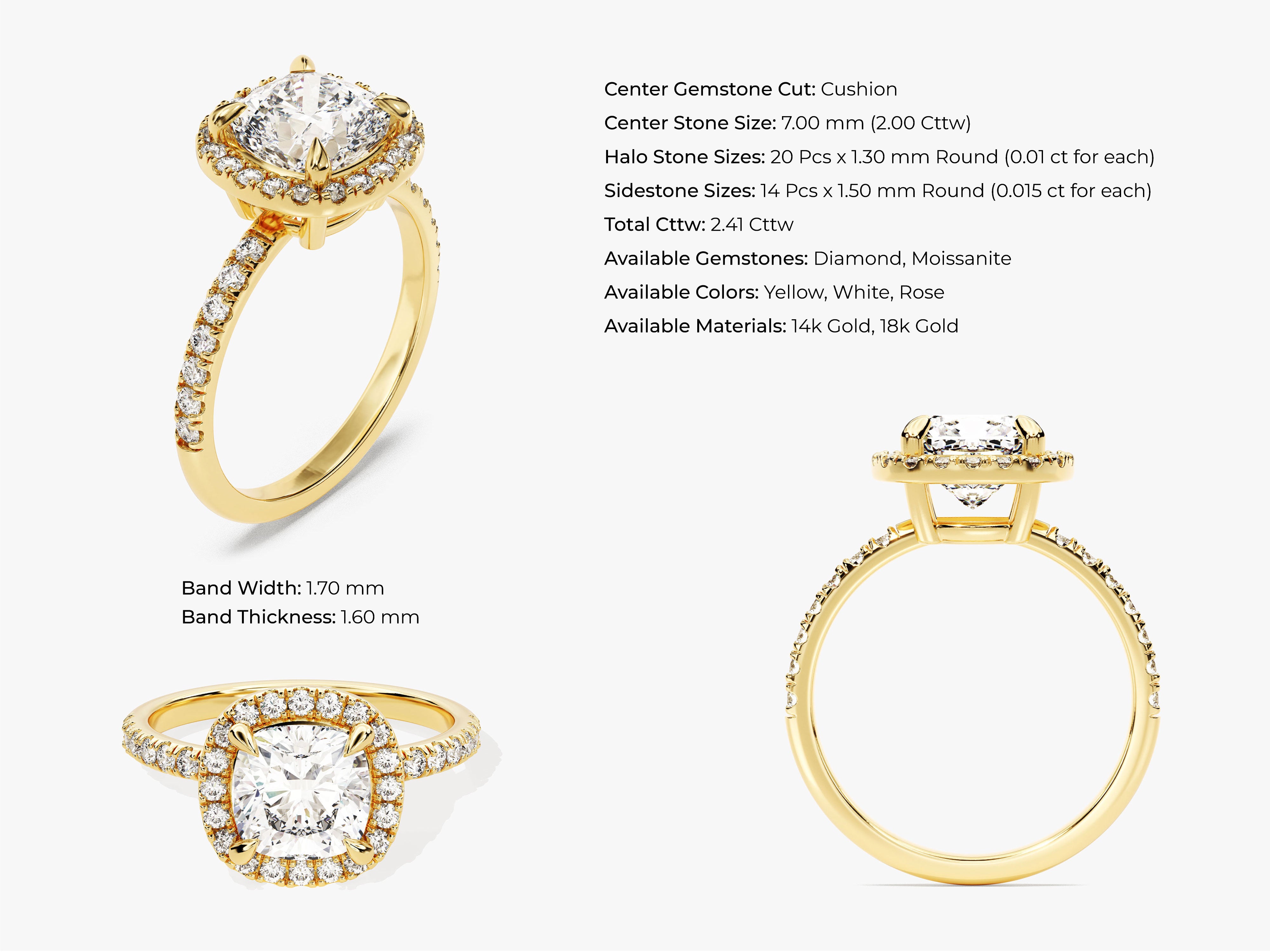 Gold cushion cut diamond halo engagement ring