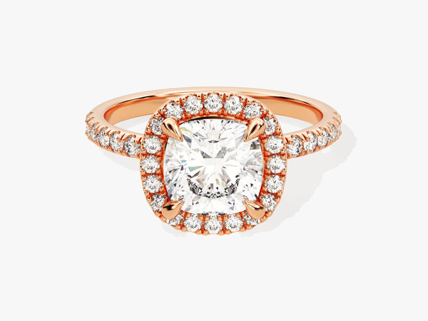 Rose gold diamond engagement ring with cushion-cut center stone