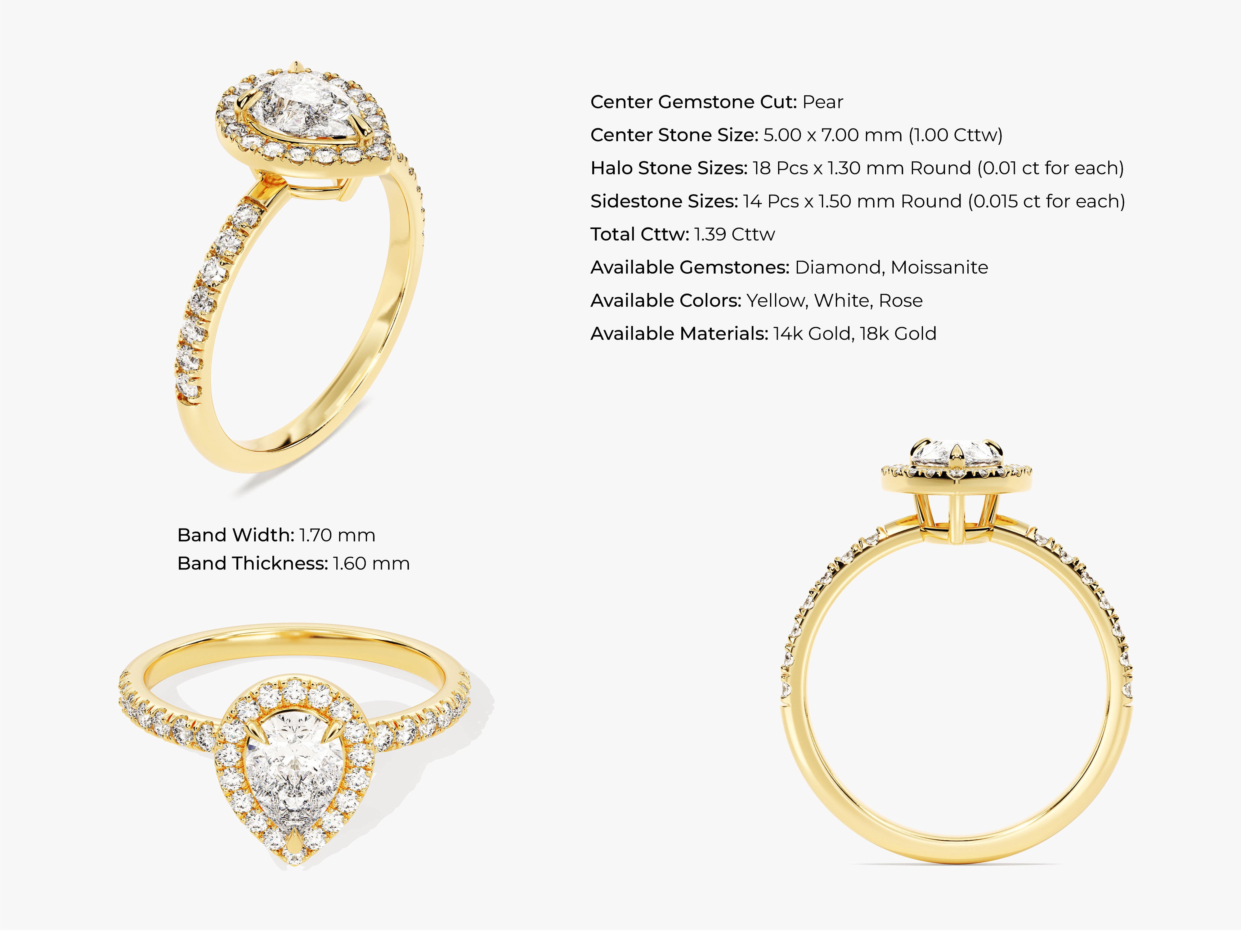 Gold pear cut diamond halo engagement ring