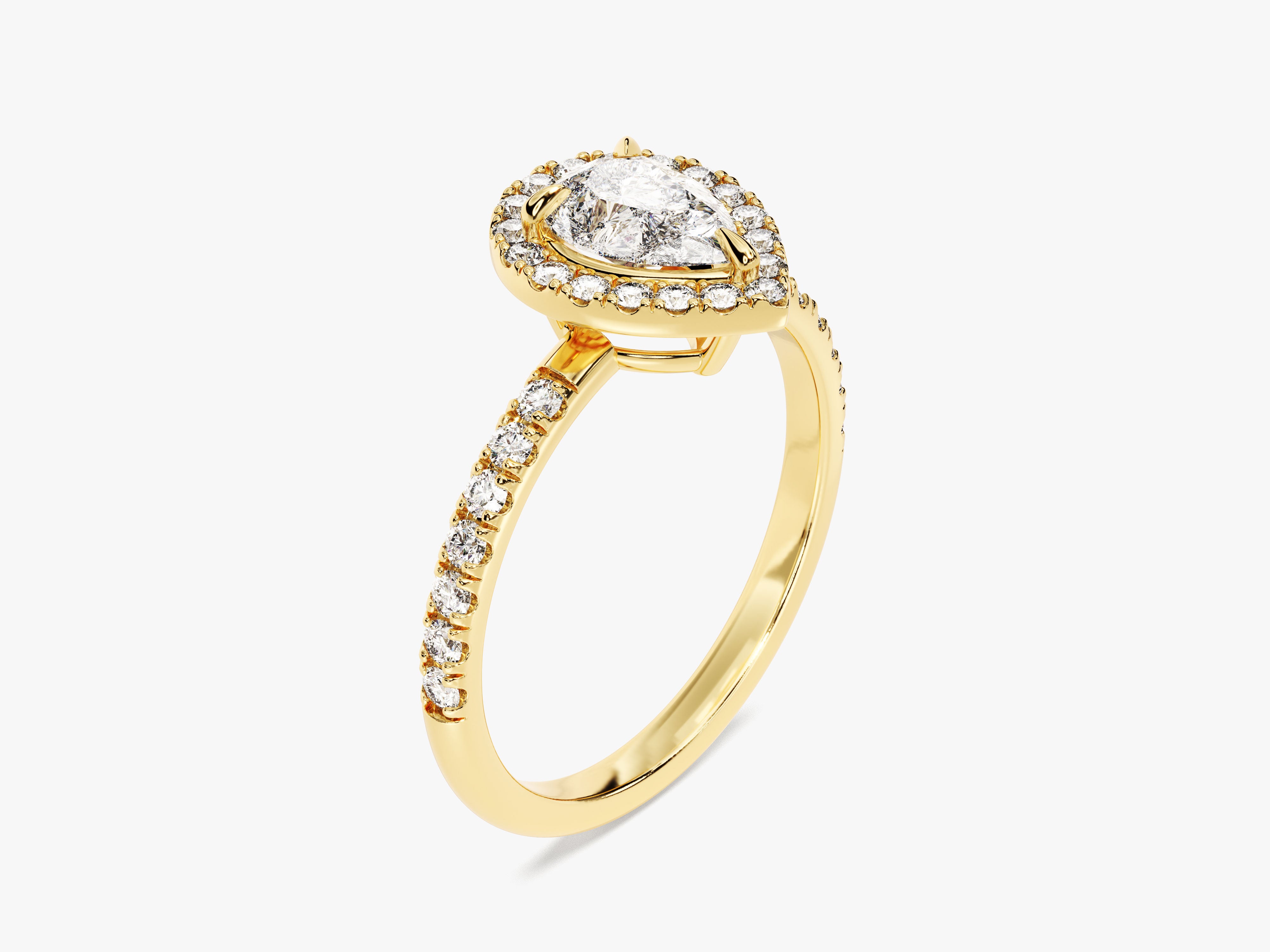 Gold pear cut diamond halo engagement ring