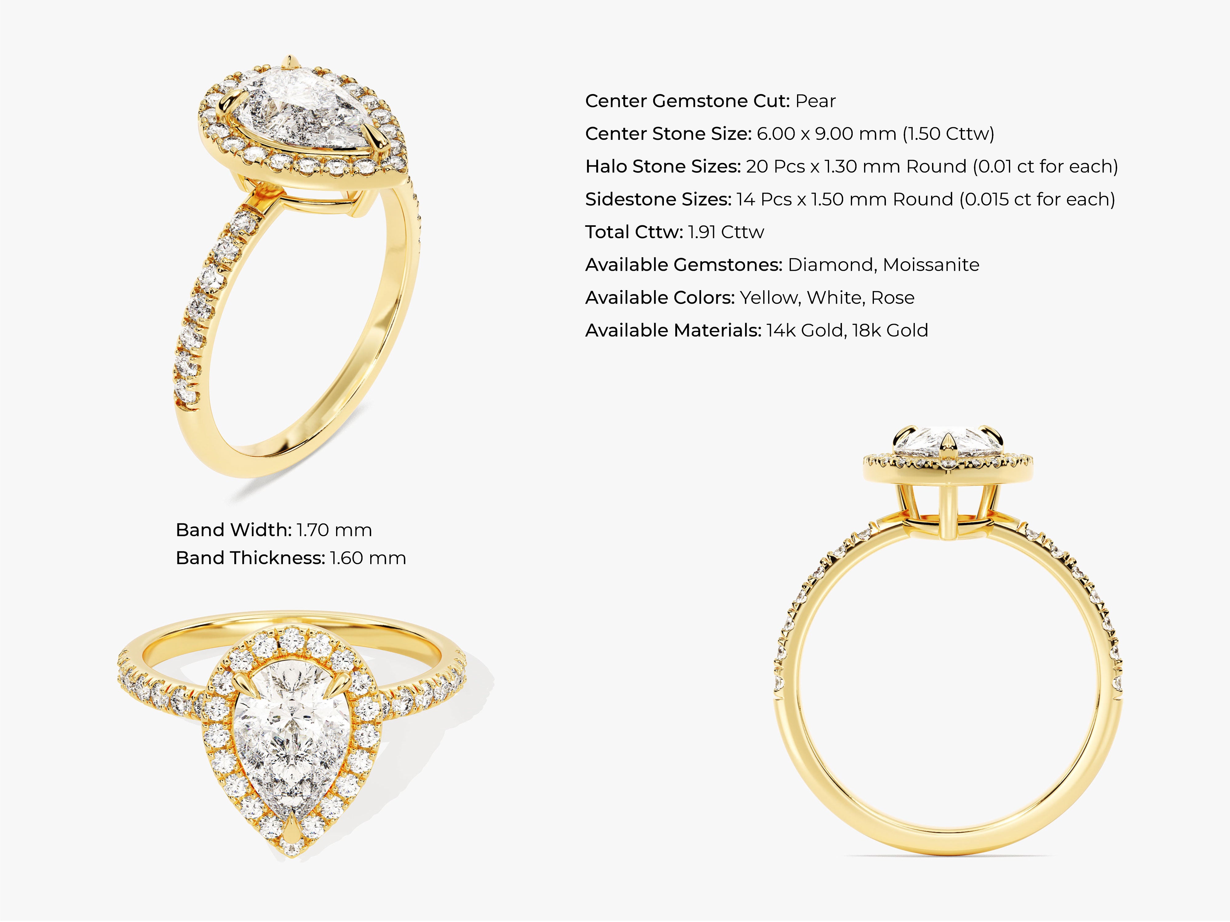 Pear cut diamond halo ring in 14k or 18k gold