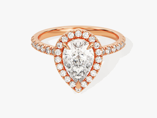 Rose gold pear shape diamond halo engagement ring