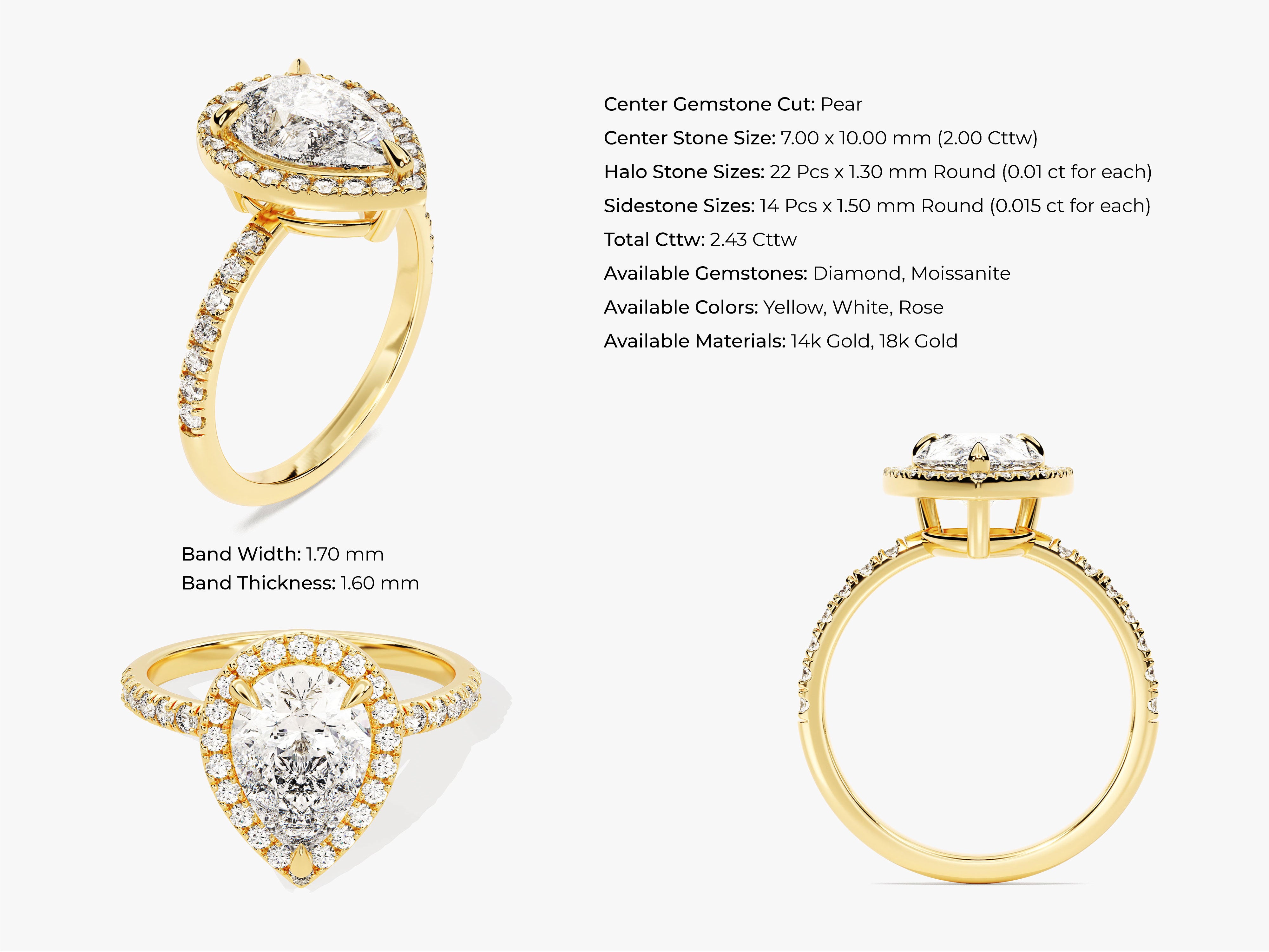 Gold pear cut diamond halo engagement ring