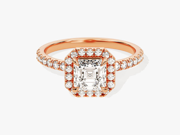 Rose gold diamond engagement ring with asscher cut center stone