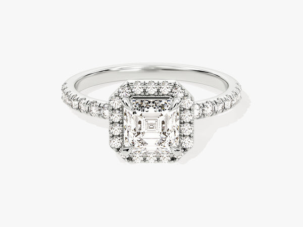 Asscher Halo Moissanite Engagement Ring with Pave Set Side Stones (1.00 CT)