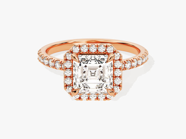 Rose gold diamond engagement ring with emerald cut center stone