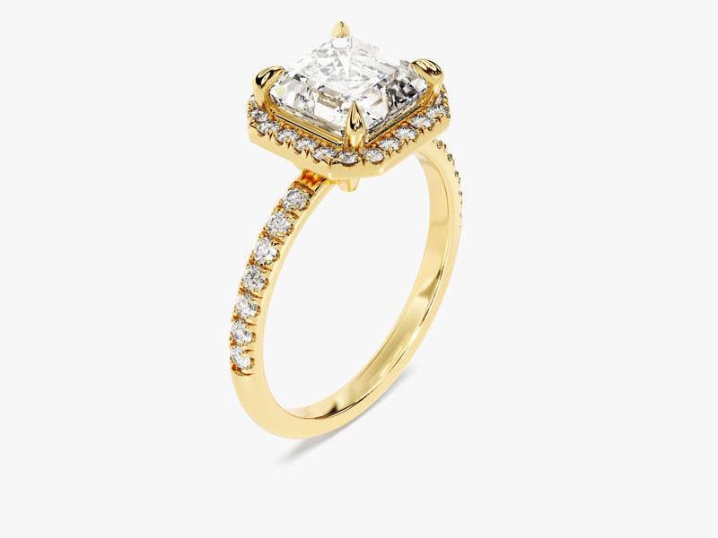 Asscher Halo Moissanite Engagement Ring with Pave Set Side Stones (2.00 CT)