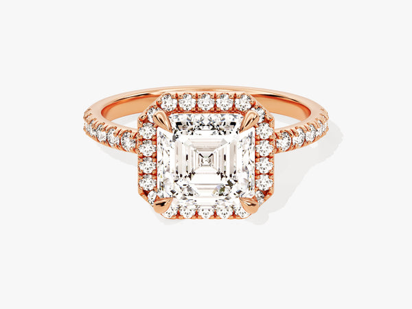 Emerald cut diamond engagement ring with rose gold band