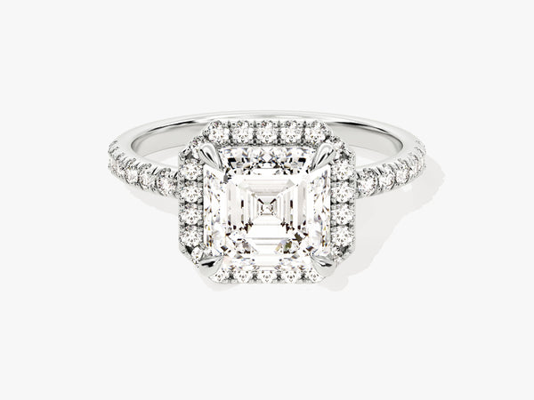 Asscher Halo Moissanite Engagement Ring with Pave Set Side Stones (2.00 CT)