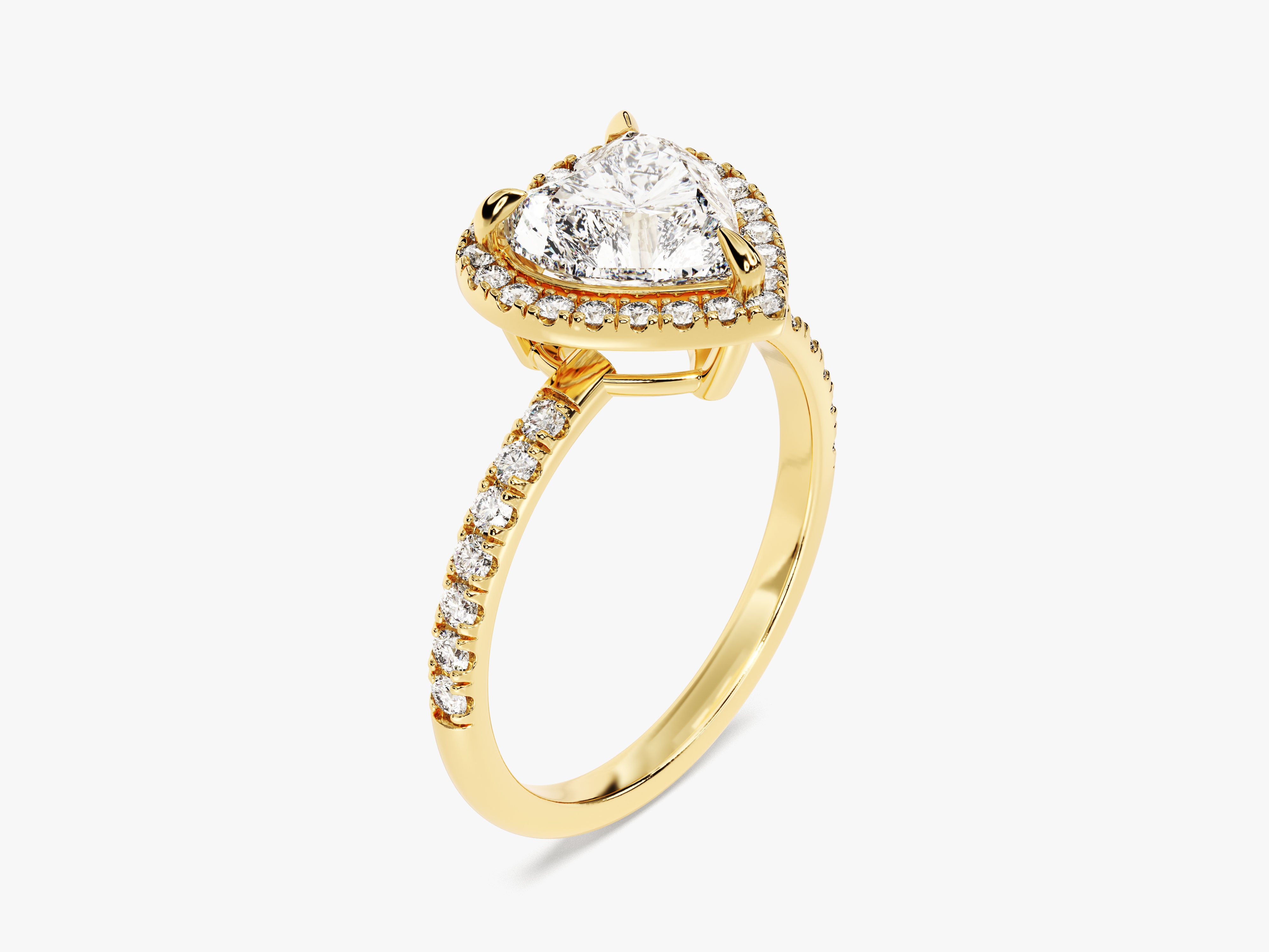 Gold heart diamond engagement ring with halo and pave band