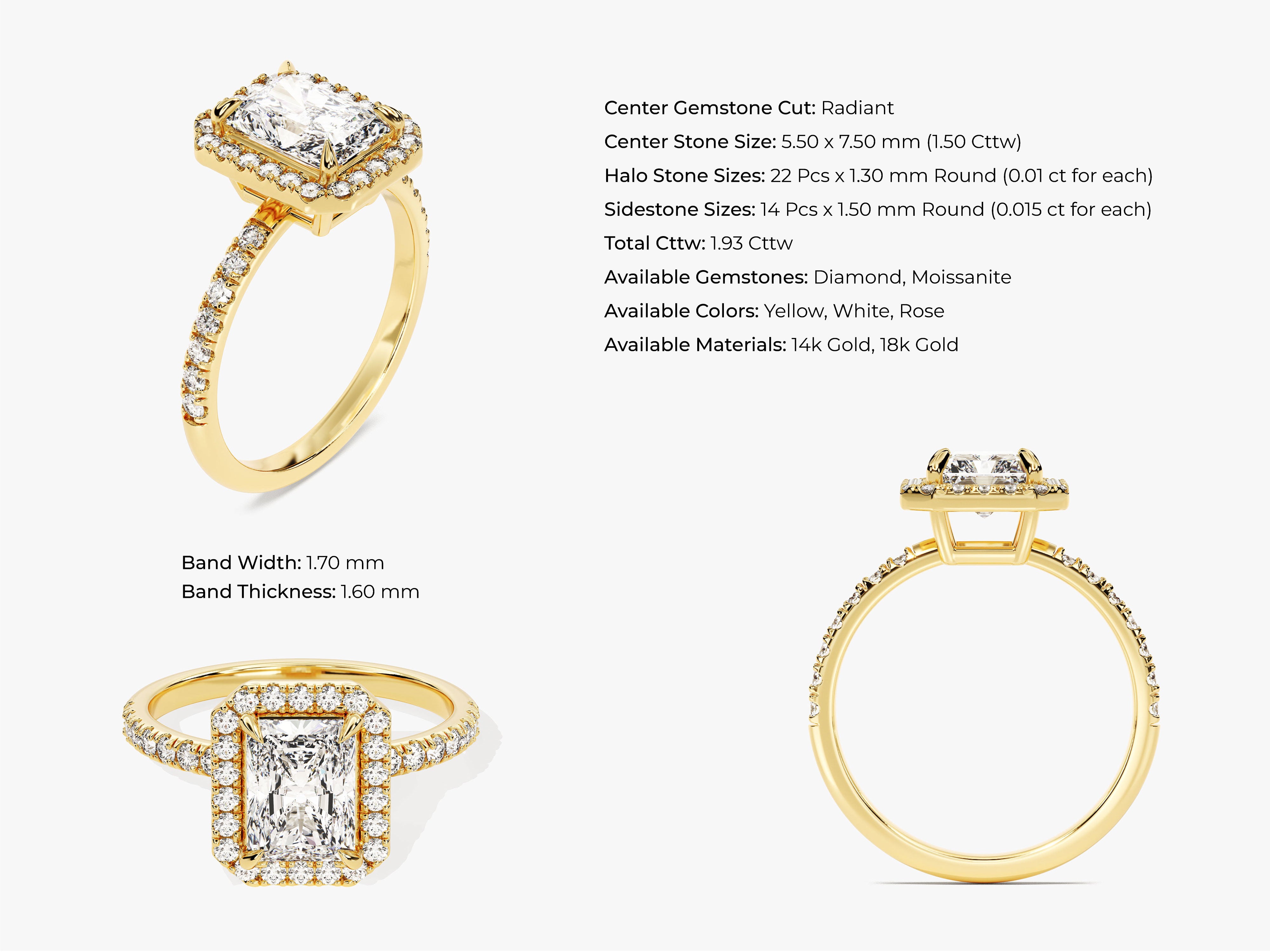 Radiant cut diamond halo engagement ring in 14k gold