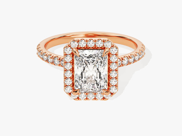Rose gold radiant cut diamond halo engagement ring