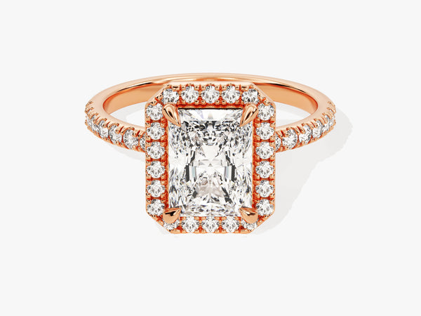 Radiant cut diamond engagement ring with rose gold band