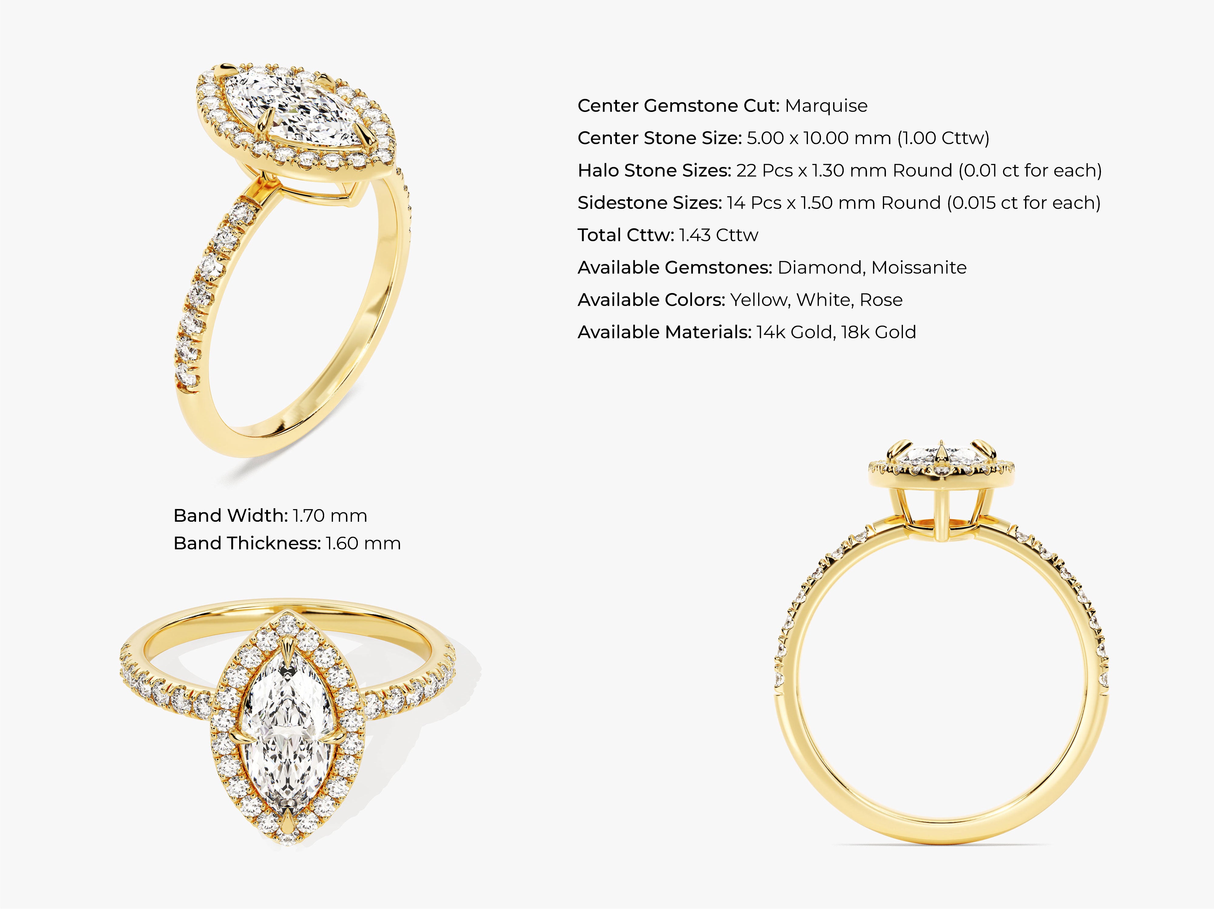 Marquise diamond halo ring in 14k gold