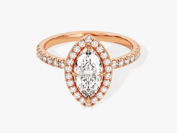 Rose gold marquise diamond engagement ring with halo