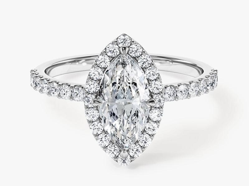 Marquise Halo Moissanite Engagement Ring with Pave Set Side Stones (1.00 CT)