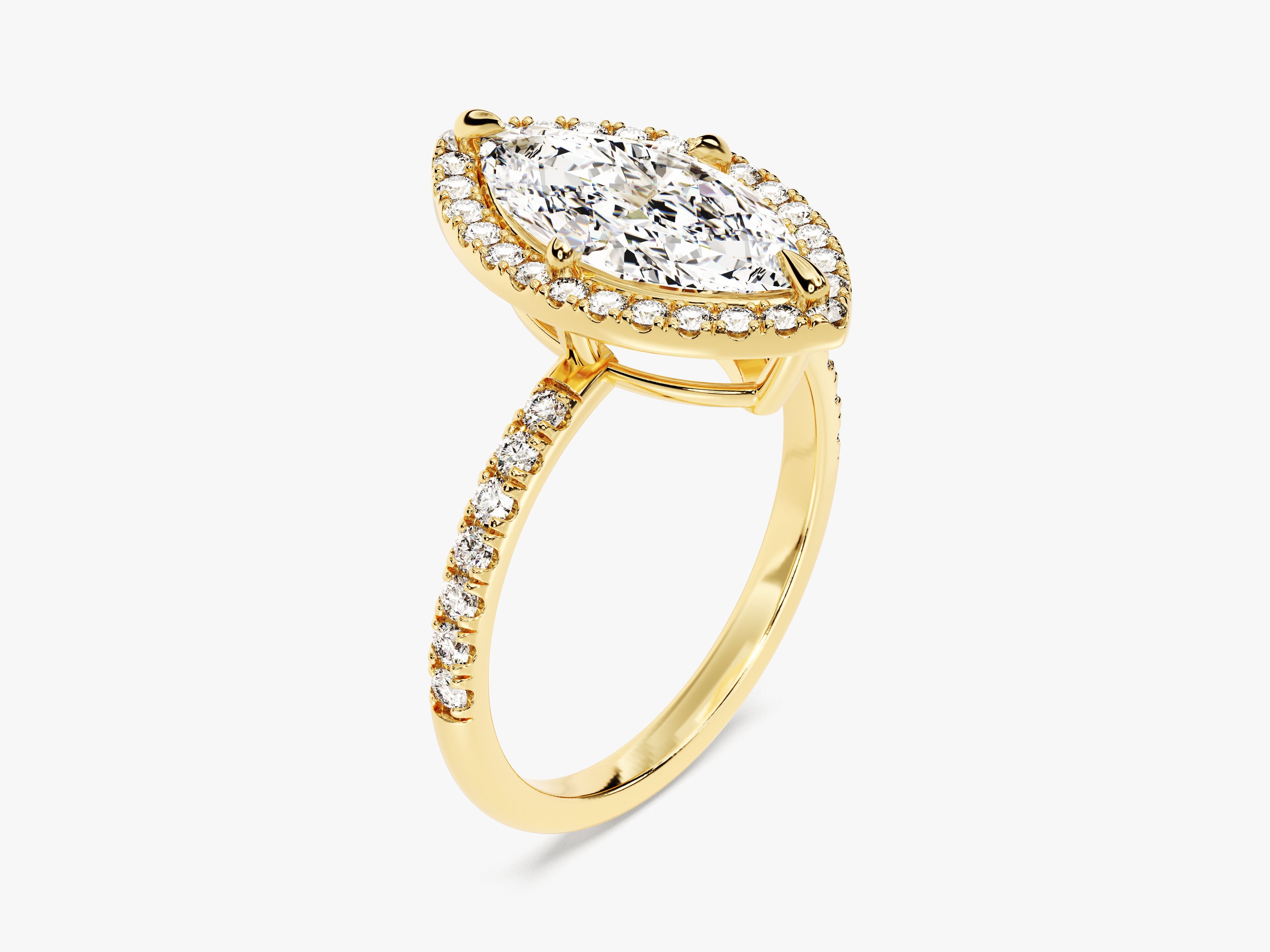 Marquise diamond engagement ring with pave band in yellow gold