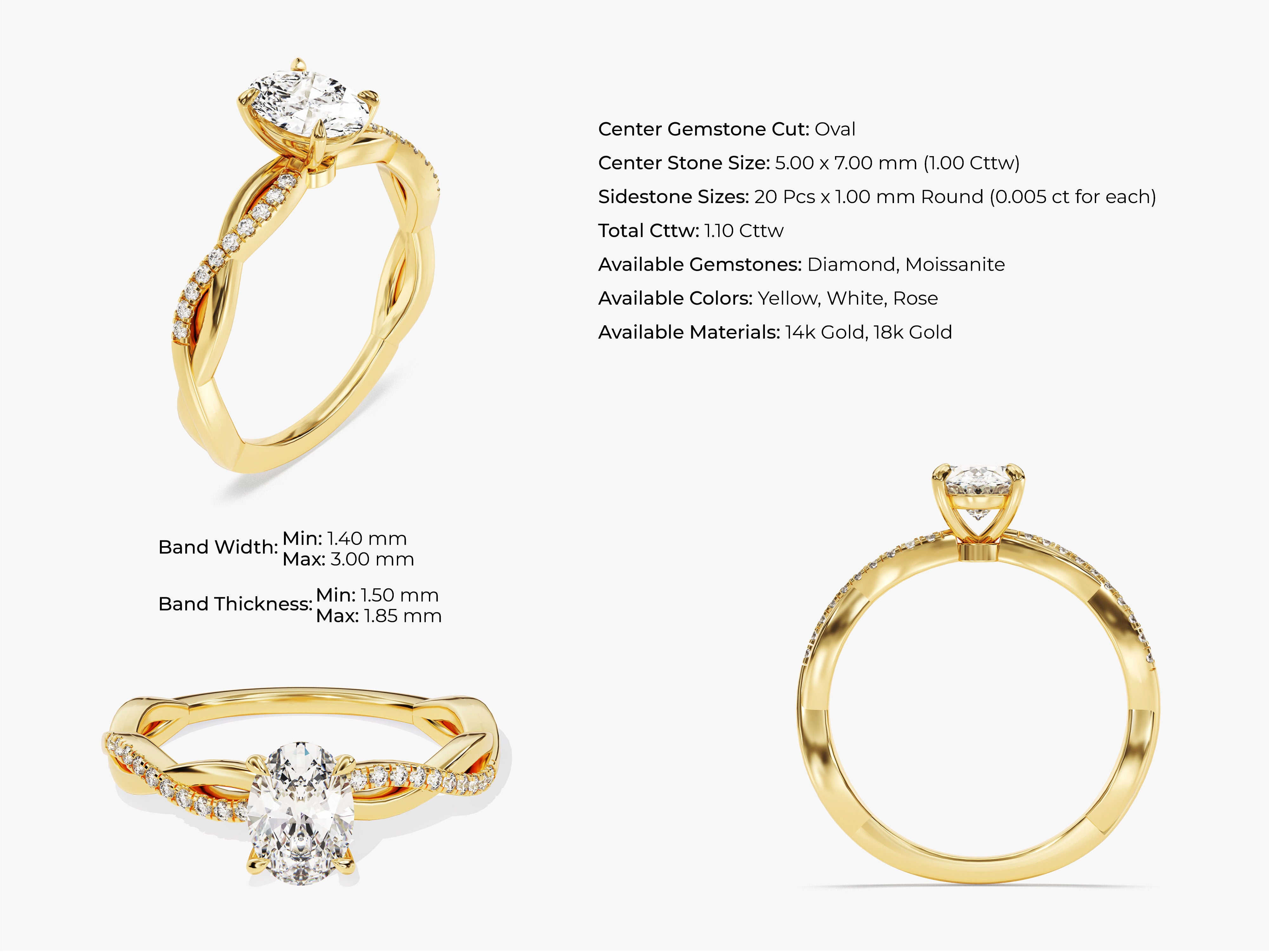 Gold oval diamond engagement ring with twisted band