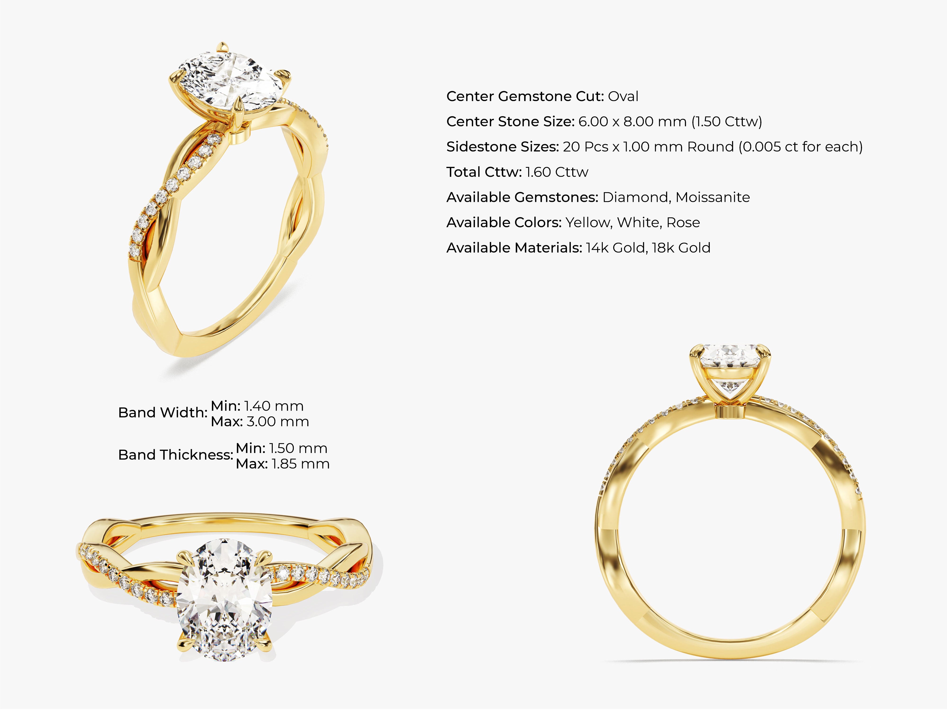 Oval diamond engagement ring with twisted band and pave diamonds