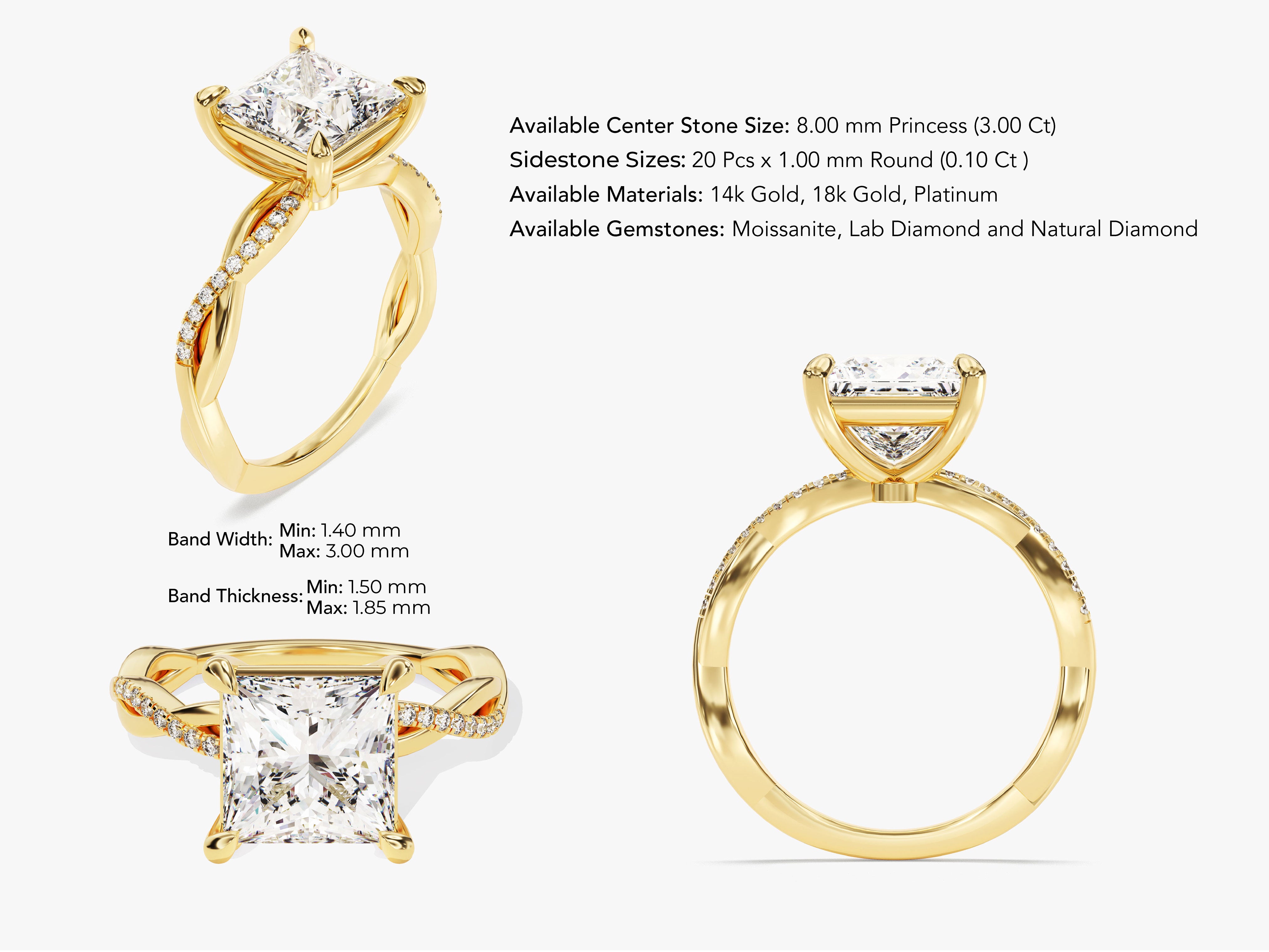 Princess Twisted Moissanite Engagement Ring with Pave Set Side Stones (3.00 CT)