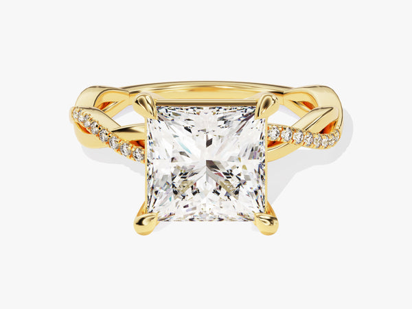 Gold princess cut diamond engagement ring with pave band