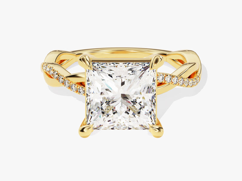 Gold princess cut diamond engagement ring with pave band