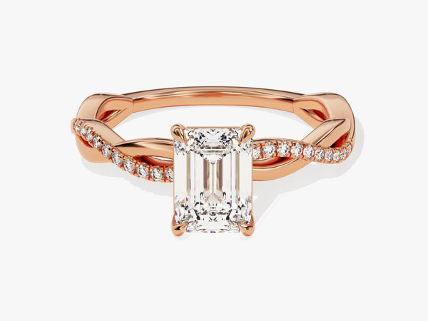 Emerald cut diamond ring with rose gold twisted band and pave diamonds