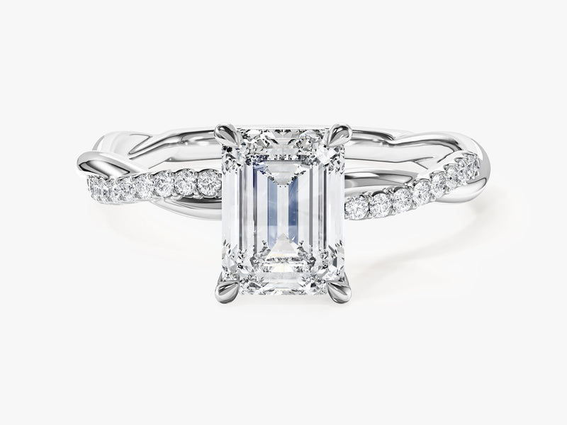 Emerald Twisted Moissanite Engagement Ring with Pave Set Side Stones (1.50 CT)