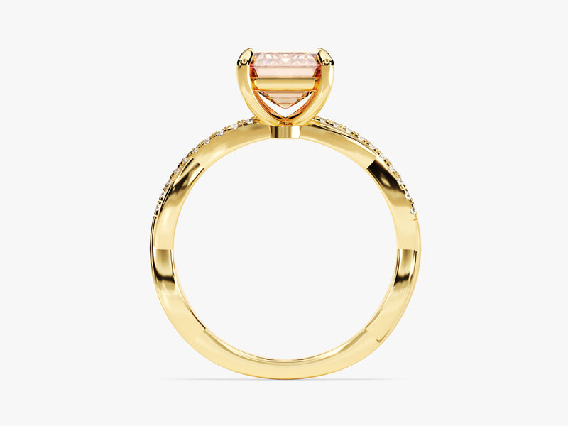 Twisted Emerald Cut Peach Morganite Engagement Ring with Sidestones