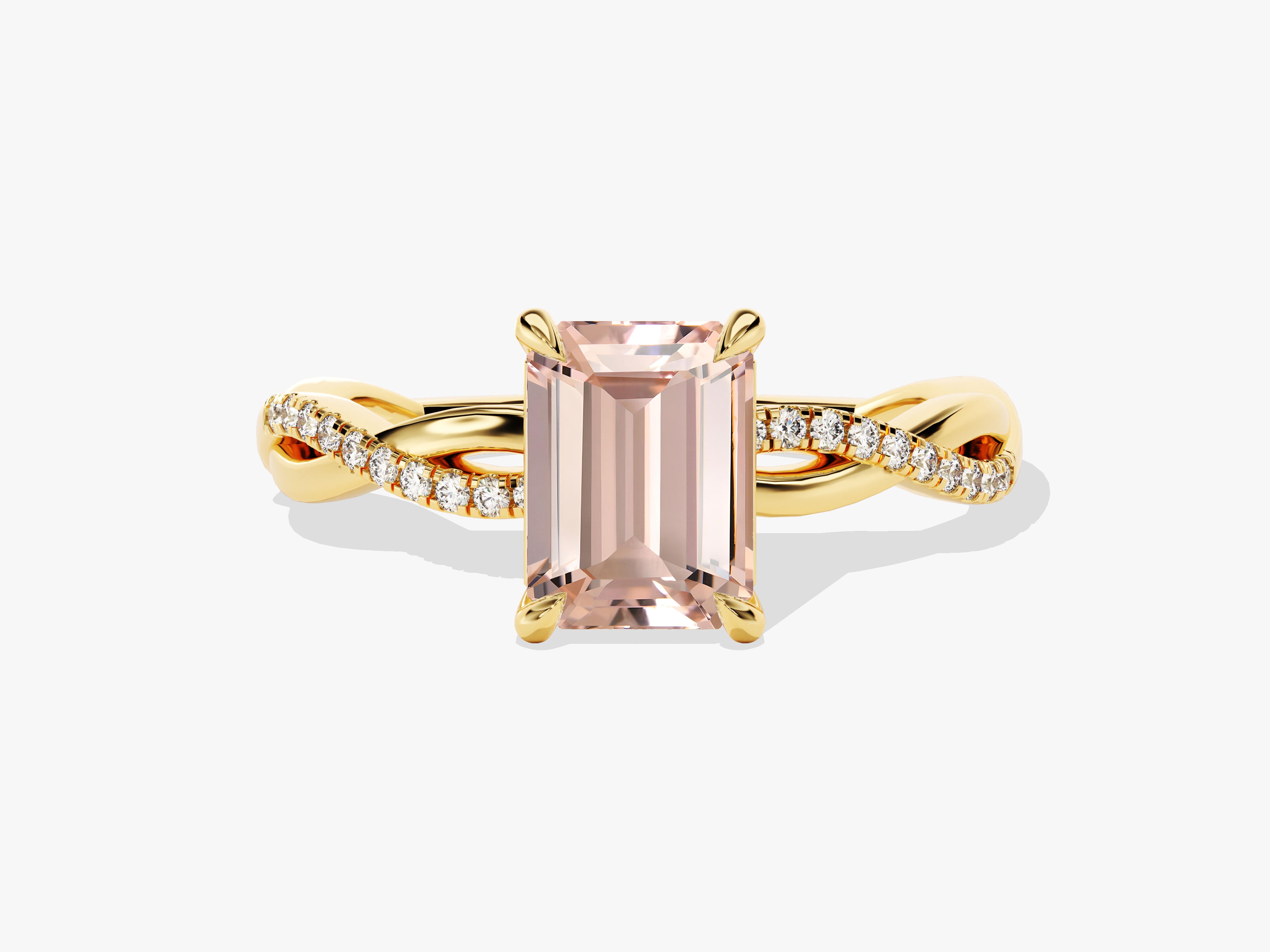 Emerald cut morganite ring with diamond band, 14k gold