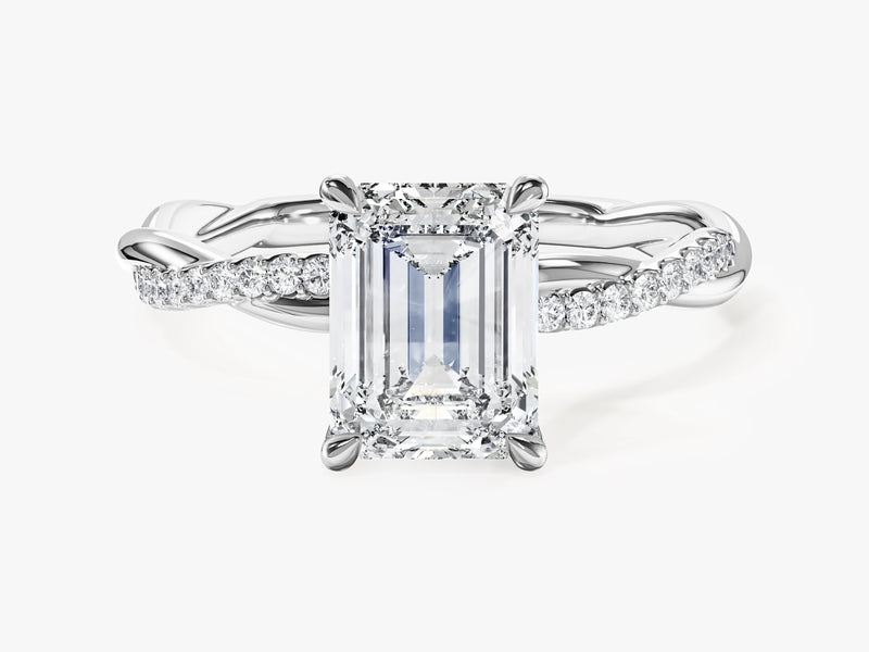 Emerald Twisted Moissanite Engagement Ring with Pave Set Side Stones (2.00 CT)