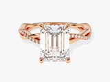 Emerald cut diamond ring with twisted rose gold band and diamonds