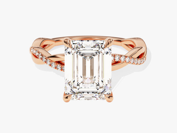 Emerald cut diamond ring with twisted rose gold band and diamonds