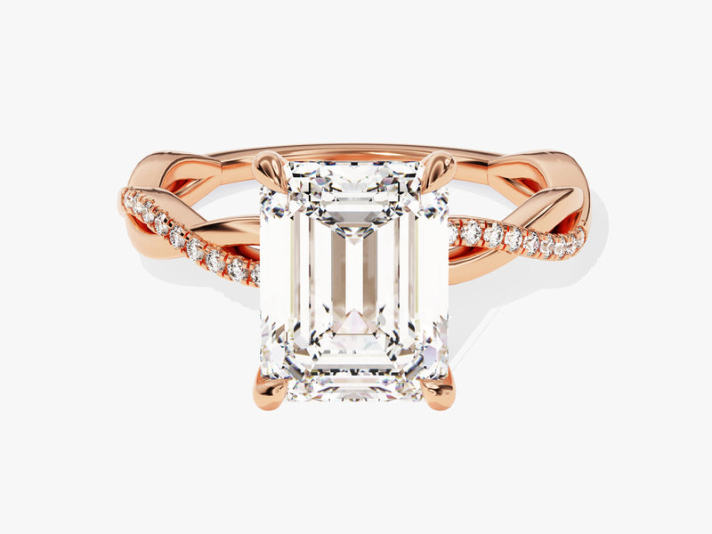 Emerald cut diamond ring with twisted rose gold band and diamonds