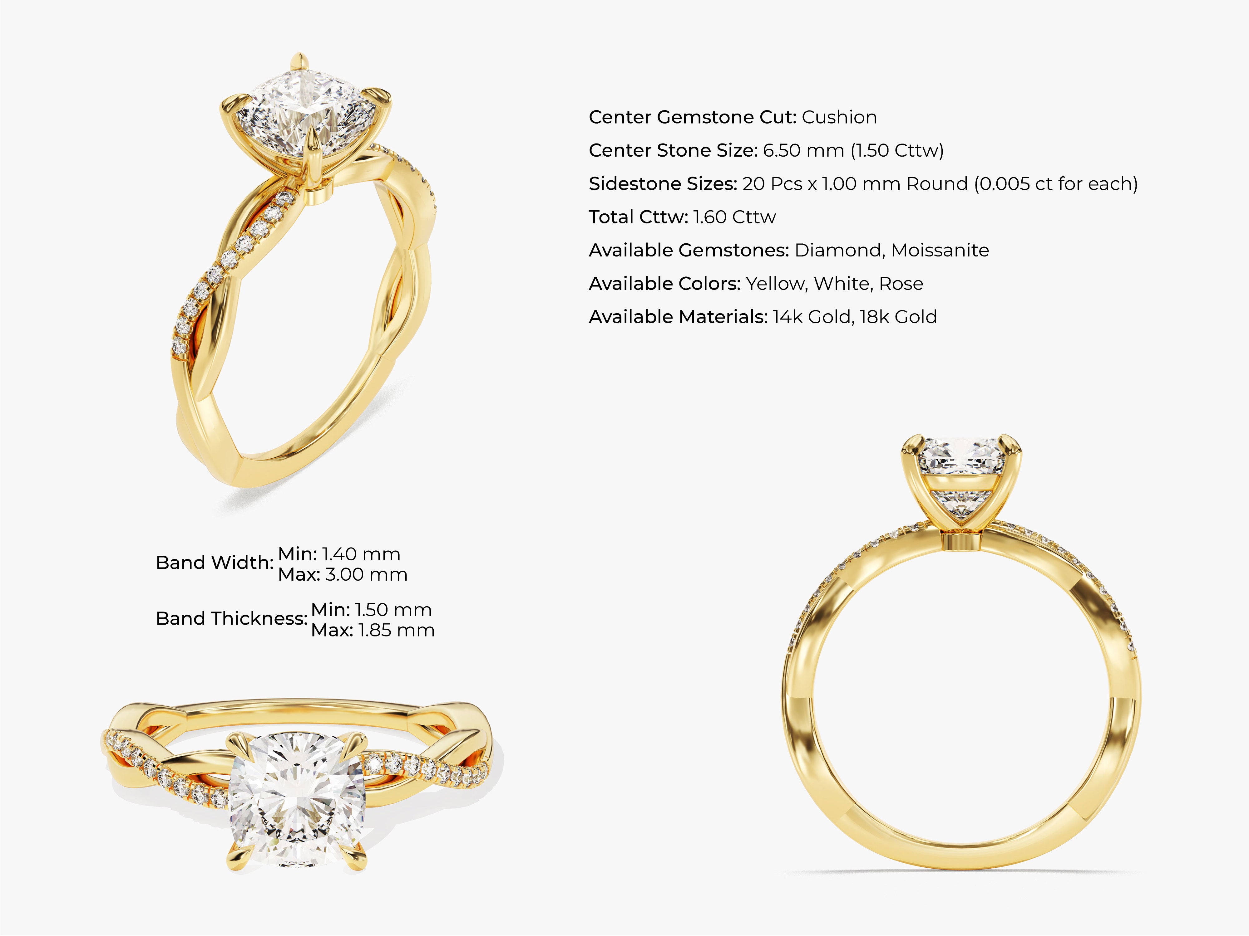 Gold twisted band ring with cushion cut diamond and side stones