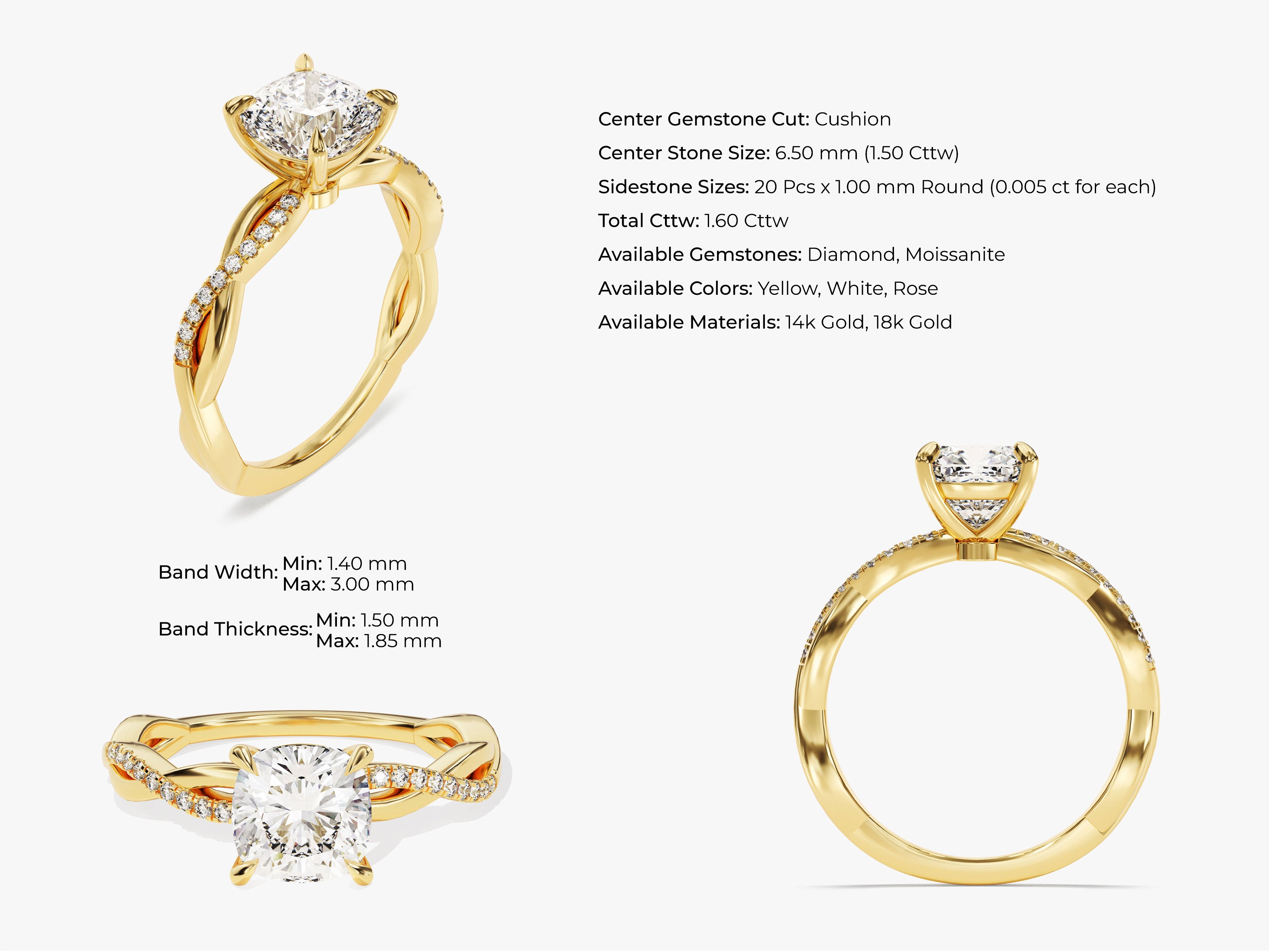 Cushion Twisted Diamond Engagement Ring with Pave Set Side Stones (1.50 CT)