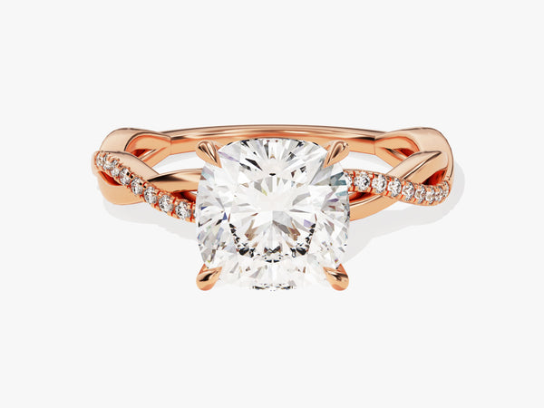 Rose gold diamond engagement ring with cushion cut center stone