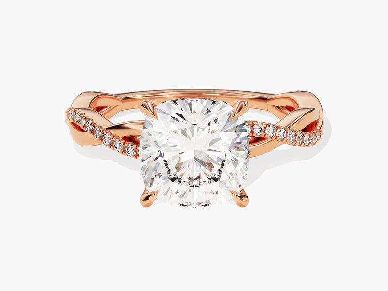 Cushion Twisted Moissanite Engagement Ring with Pave Set Side Stones (3.00 CT)