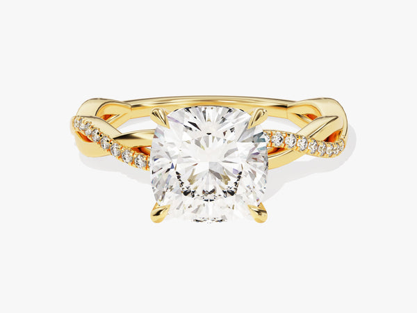 Gold diamond engagement ring with cushion cut center stone