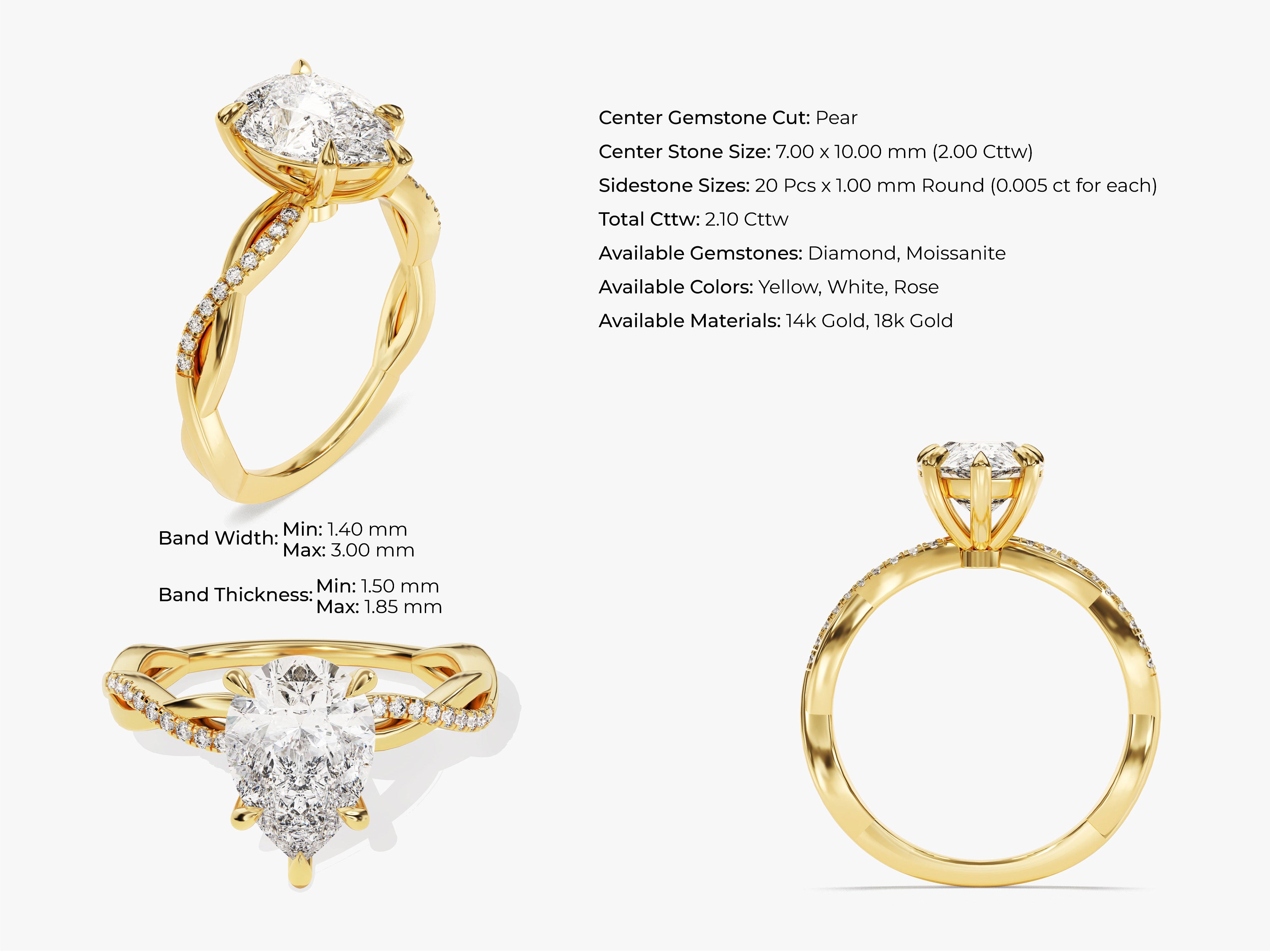 Pear Twisted Diamond Engagement Ring with Pave Set Side Stones (2.00 CT)