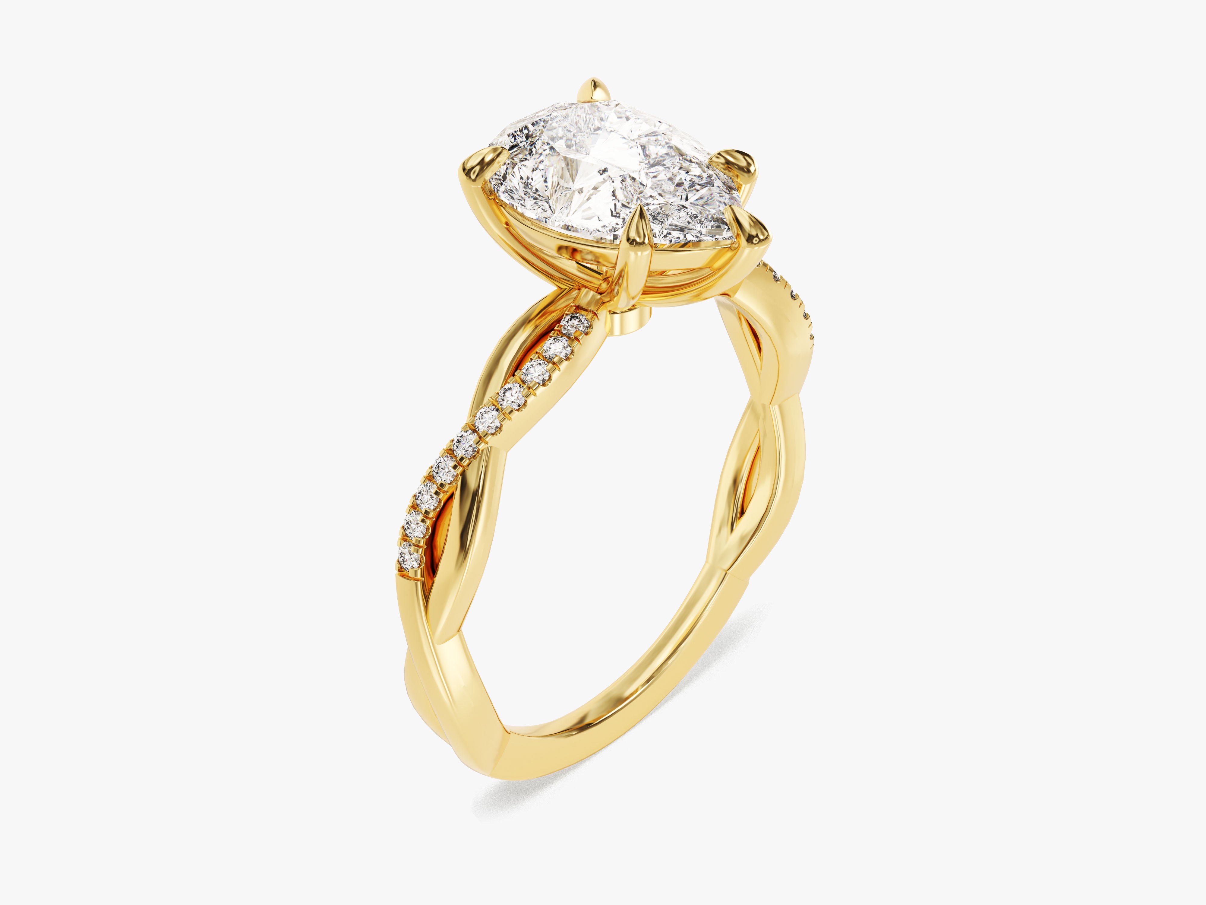 Gold twisted band ring with pear-shaped diamond and accent stones