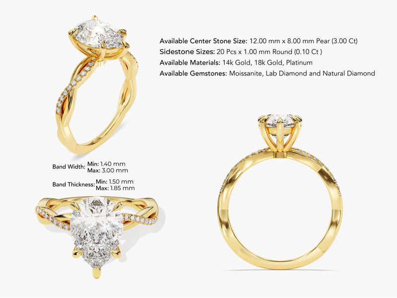 Pear Twisted Moissanite Engagement Ring with Pave Set Side Stones (3.00 CT)