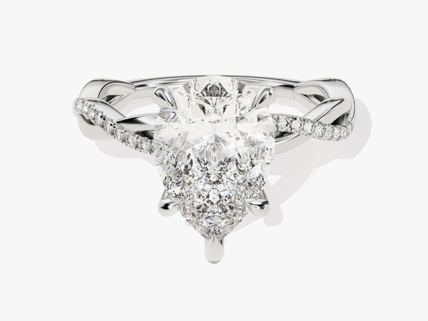 Pear-shaped diamond engagement ring with pave band