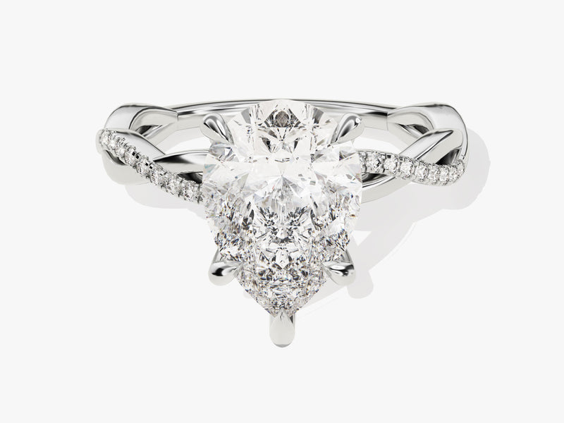 Pear-shaped diamond engagement ring with pave band