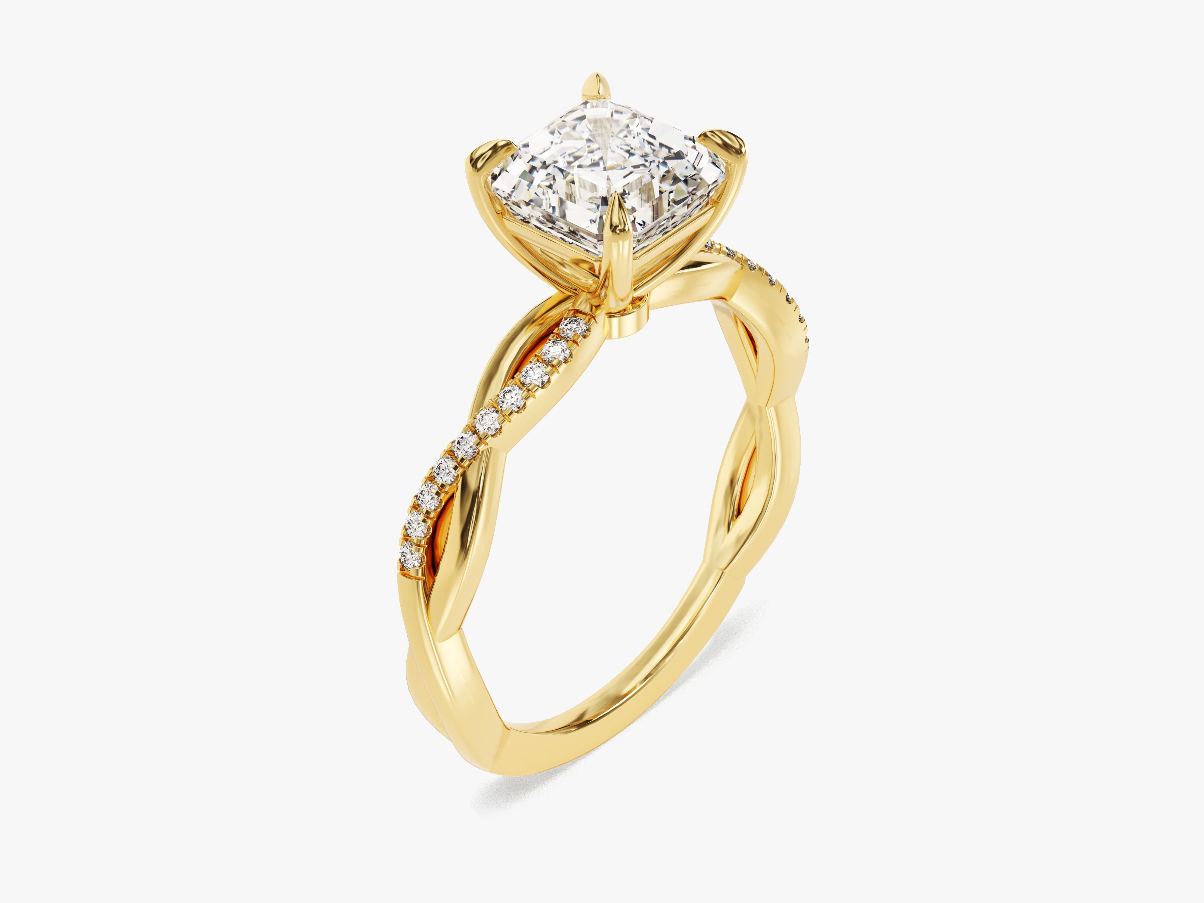 Gold twisted band ring with princess cut diamond and accent stones