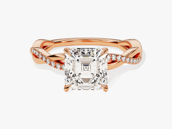 Rose gold twisted band engagement ring with asscher cut diamond