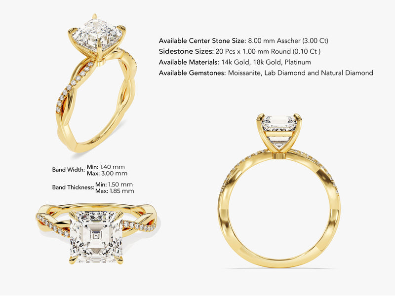 Gold Asscher cut diamond engagement ring with twisted band